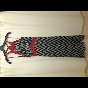 Black and gray chevron maxi halter dress with red trim